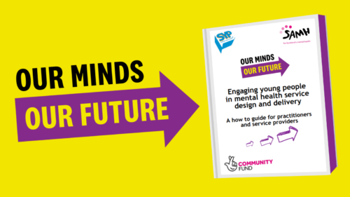 Graphic with Our Minds Our Future logo and report front page on a yellow background.