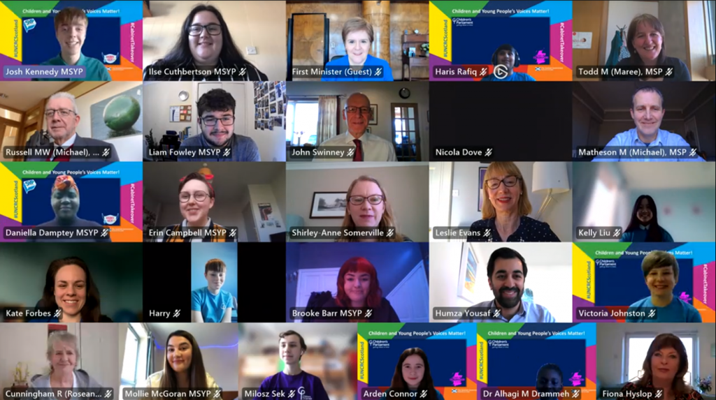 Image of a Microsoft Teams calls featuring the Scottish Cabinet, MSYPs, and MCPs.