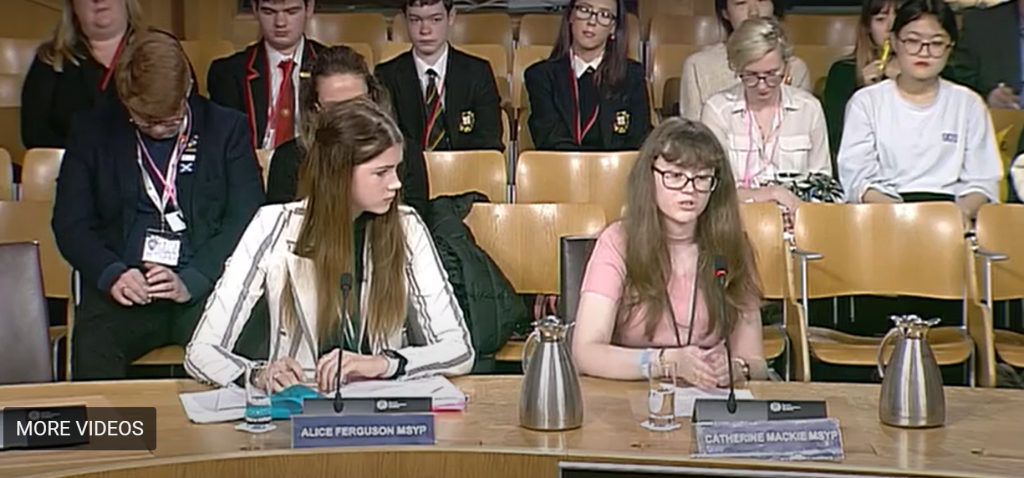 A screen shot of Catherine Mackie MSYP and Alice Fergusson MSYP giving evidence to the Education and Skills Committee