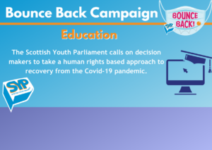 Blue and purple graphic with a facemask Bounce Back logo in one corner and an image of a screen with a graduation cap over the corner. The text on the image says: 