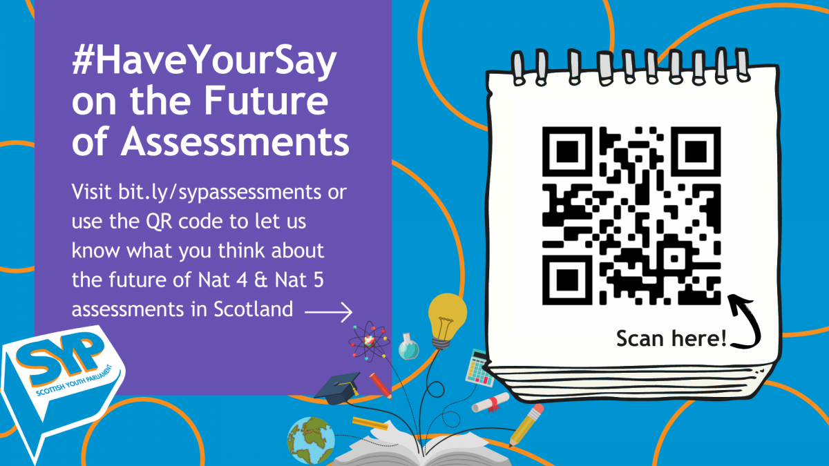 Blue graphic with orange circles on it and a notepad with a QR code on it. There is a purple box next to it with text on that says 