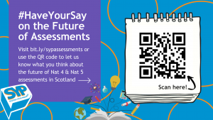 Blue graphic with orange circles on it and a notepad with a QR code on it. There is a purple box next to it with text on that says 