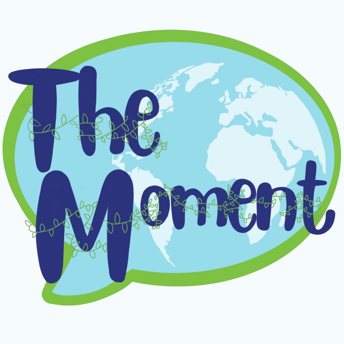Logo for 'The Moment' is a blue and green speech bubble with a map of the world on it in faded blue and the words 