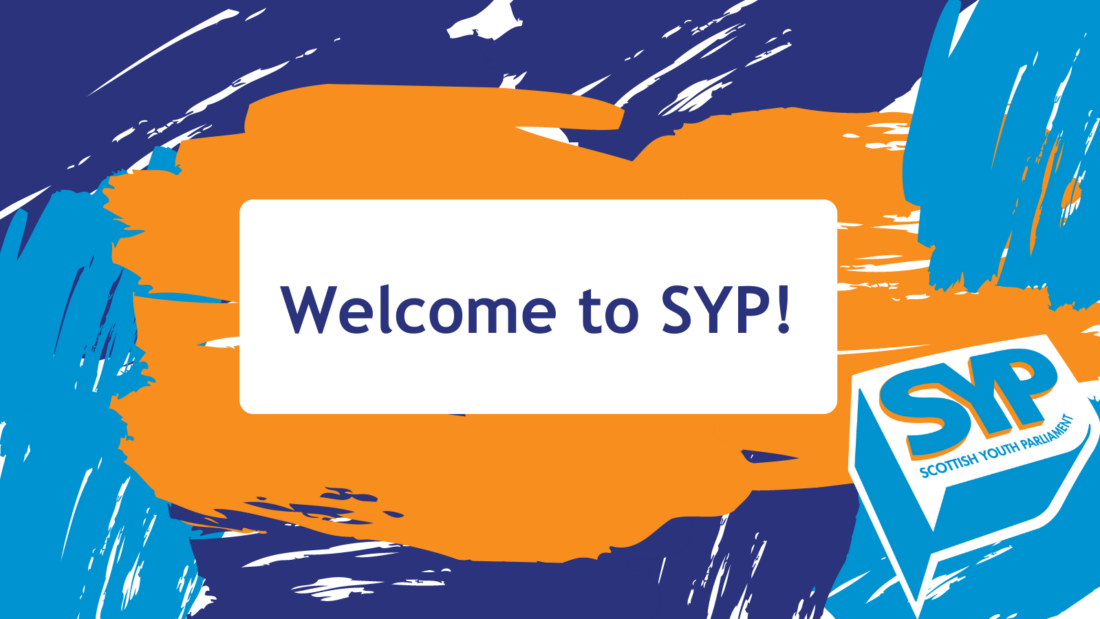 A graphic with brush strokes of orange, blue and purple and the SYP logo in the corner. A white box in the middle has text that says 