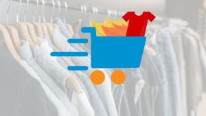 Shopping trolley in motion graphic with red t-shirt and flame behind, overlaid a picture of a clothing rail