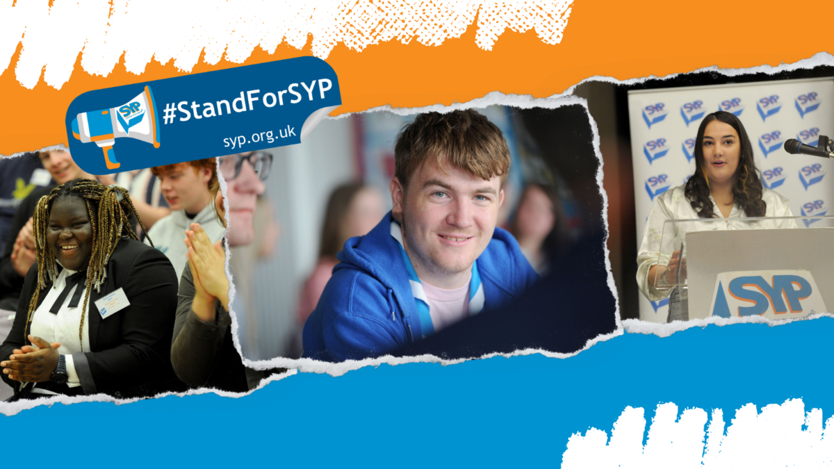 Graphic with orange and blue background with white brush strokes at the top and bottom. Three images of MSYPs at SYP's National Sittings in the middle. SYP Elections logo in top left corner.