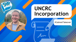 Blue and orange graphic with an image of Marcus Flucker MSYP with text that reads 'UNCRC Incorporation. #CabinetTakeover'. SYP logo in top left.