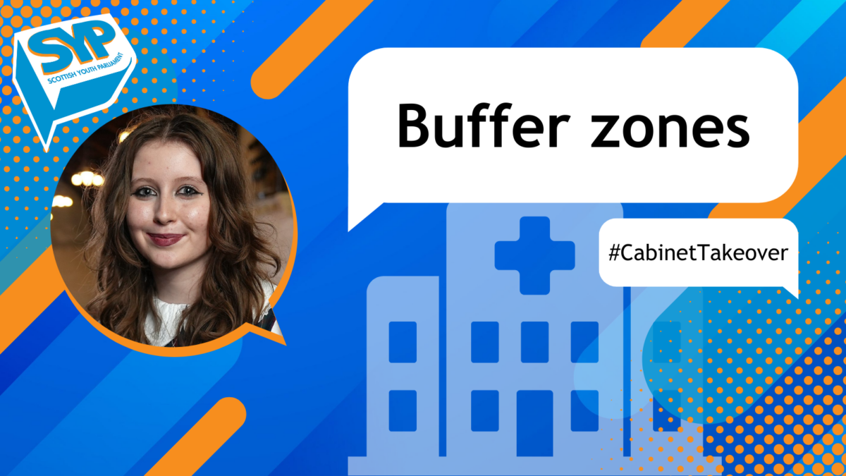 Blue and orange graphic with an image of Ruby Cardie MSYP with text that reads 'Buffer zones. #CabinetTakeover'. SYP logo in top left.