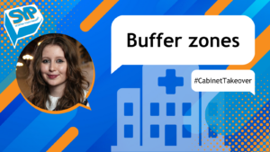 Blue and orange graphic with an image of Ruby Cardie MSYP with text that reads 'Buffer zones. #CabinetTakeover'. SYP logo in top left.