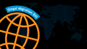 Graphic with orange world icon on top of navy world map. Text on a blue background at the top reads: 'Illegal Migration Bill'.