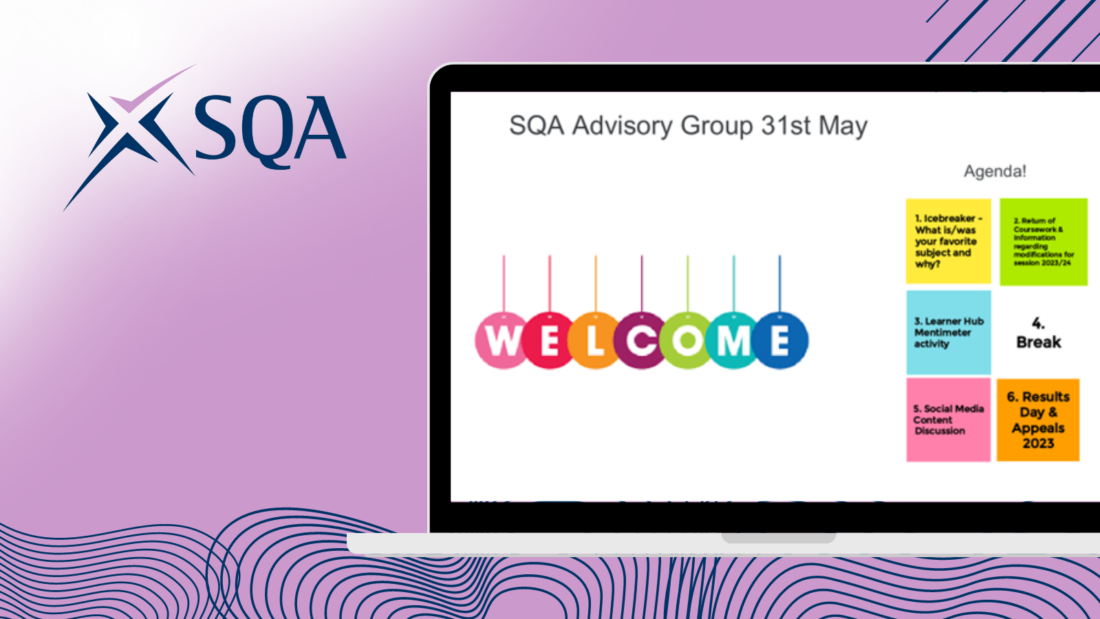 Graphic with purple background and SQA logo in top left. Screenshot of presentation on laptop in the middle.