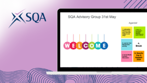 Graphic with purple background and SQA logo in top left. Screenshot of presentation on laptop in the middle.