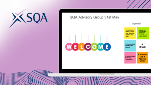 Graphic with purple background and SQA logo in top left. Screenshot of presentation on laptop in the middle.