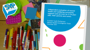 Graphic with background image of pens and paper with SYP logo in top left and community mental health report in top right.
