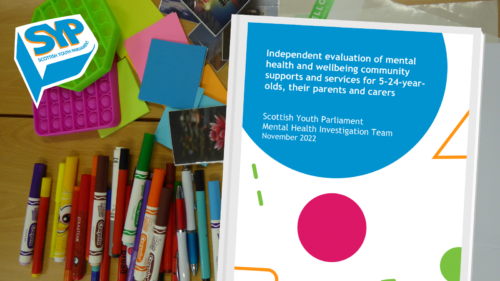 Graphic with background image of pens and paper with SYP logo in top left and community mental health report in top right.