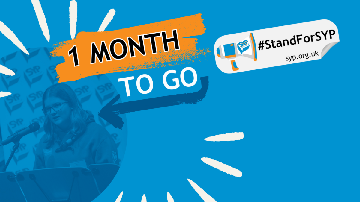 Graphic with blue background with image of MSYP on the left with text that reads: 'One month to go' next to SYP Elections logo.