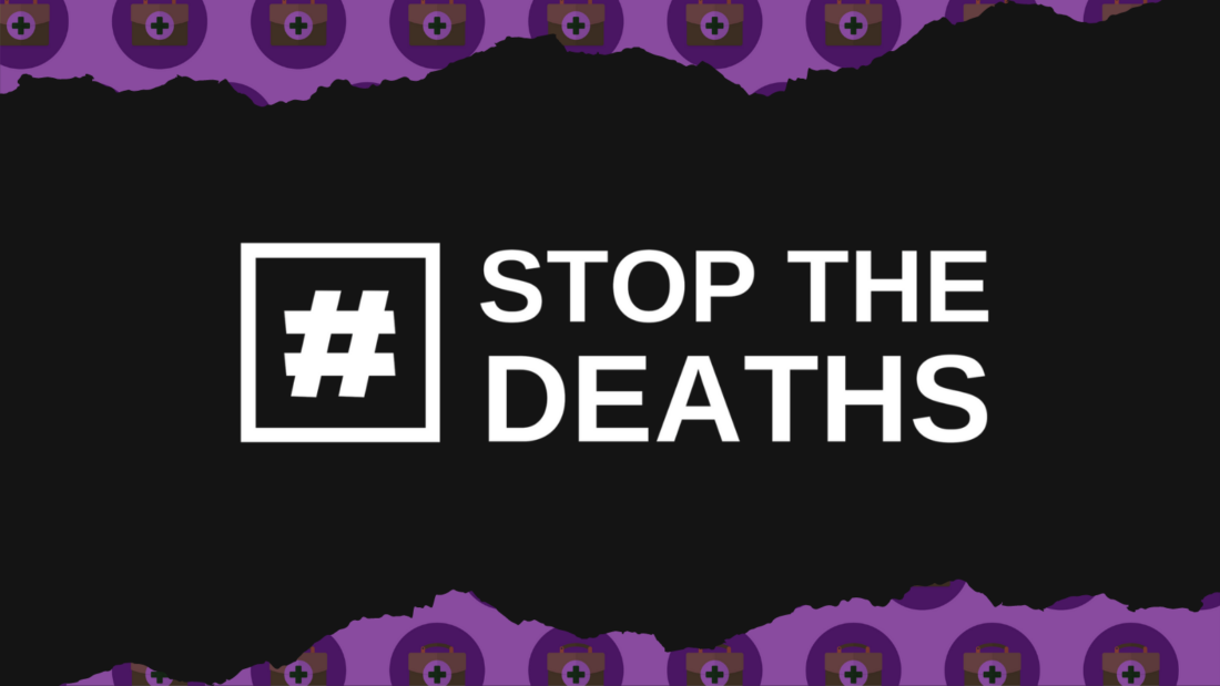 Graphic with Stop the Deaths logo in the middle with SYP drug related harm branding on the outside.