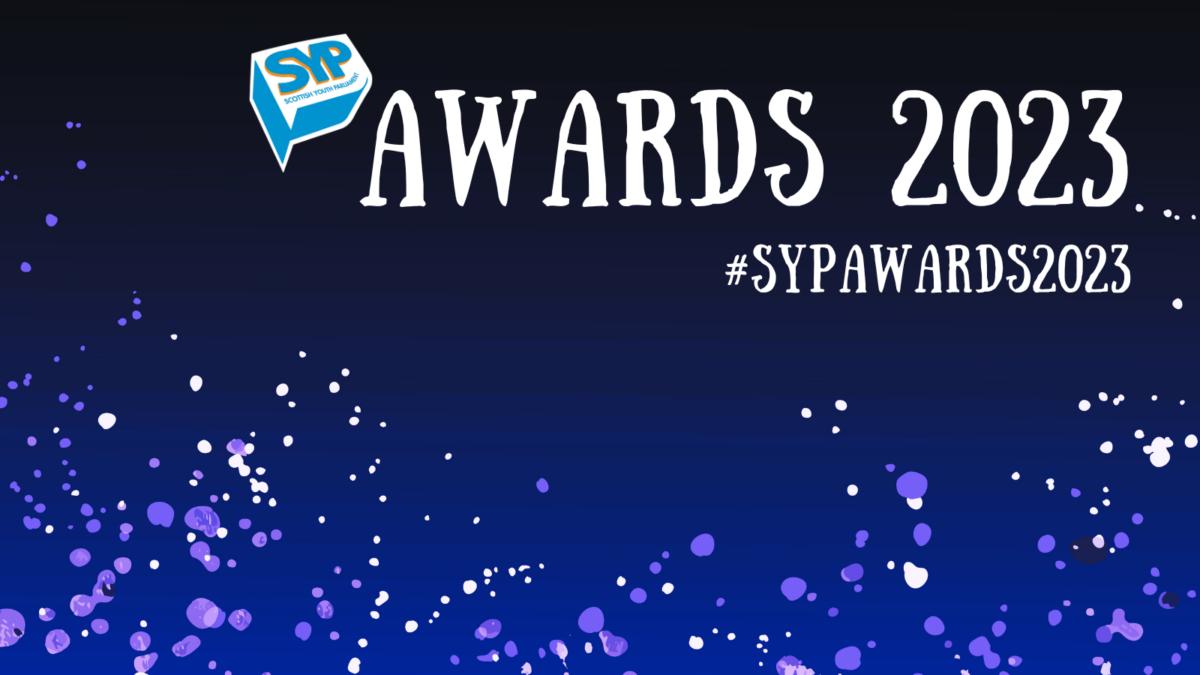 Graphic with blue gradient at the bottom with white polka dots. Text at the top next to the SYP logo reads: 'Awards 2023. #SYPAwards2023'.