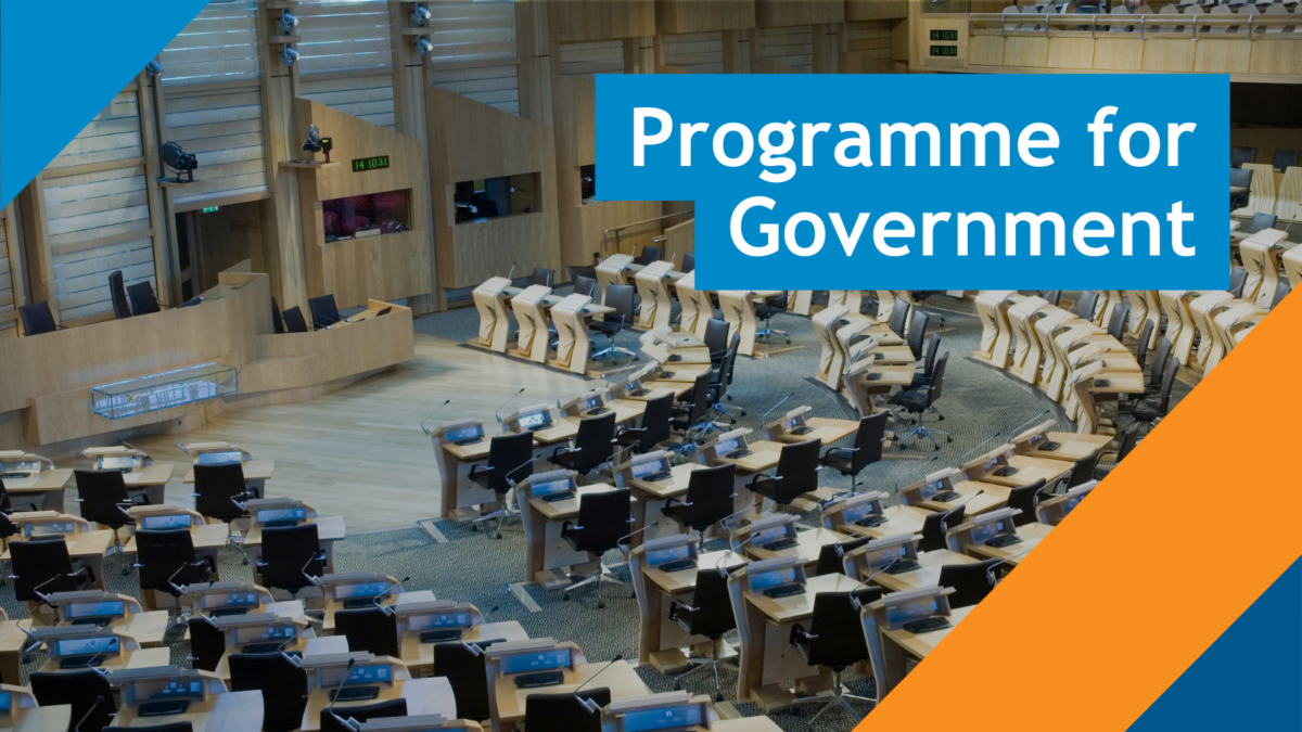 Graphic with blue, navy and orange triangles in each corner. Image of Scottish Parliament chamber in the background. Text in the top right corner reads: 'Programme for Government'.
