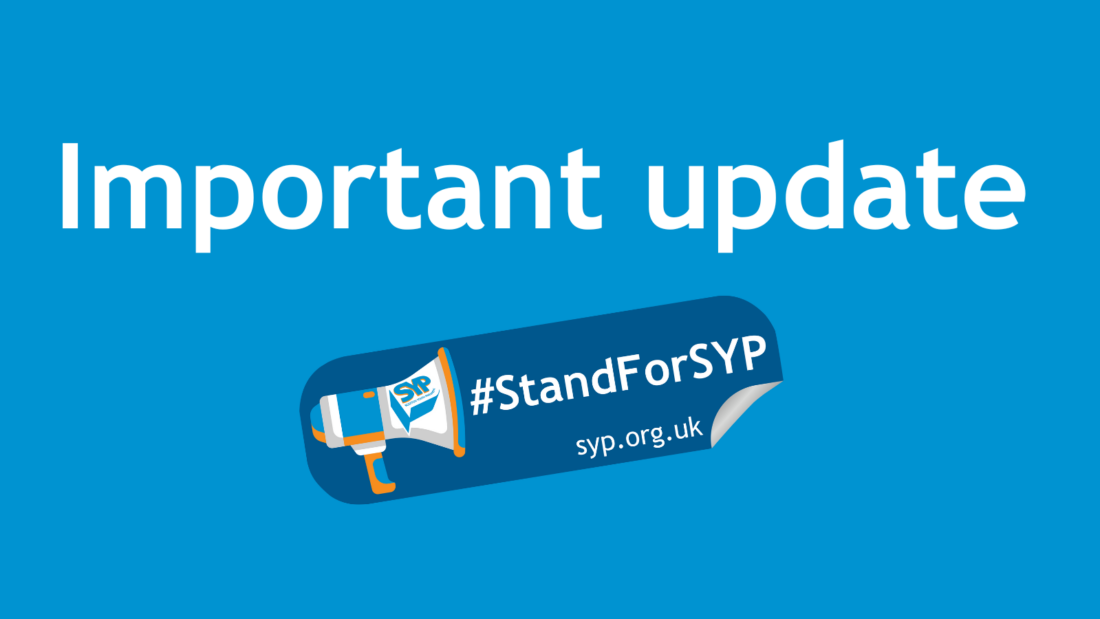 Graphic with a blue background. Text in the middle reads: 'Important update'. SYP elections logo below.
