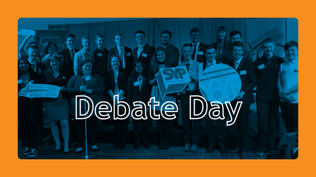 Graphic with an orange background with an image of MSYPs in the centre with a blue tint. Text in a white outline in the middle reads 'Debate Day'.