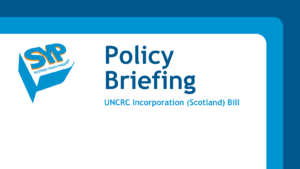 Graphic with blue rectangles. SYP logo at top left. Text to the right reads: 'Policy Briefing. UNCRC Incorporation (Scotland) Bill'.