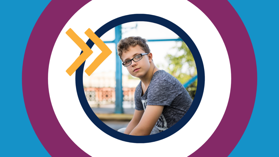 Graphic with a blue background. Image of a young person in the middle. Orange arrow overlaid on top of image. Purple ring around image.