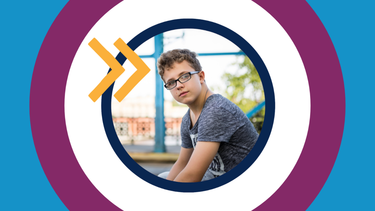 Graphic with a blue background. Image of a young person in the middle. Orange arrow overlaid on top of image. Purple ring around image.