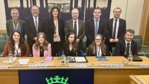 MSYPs and the House of Commons Scottish Affairs Committee. Back row: Alan Brown MP, David Duguid MP, Wendy Chamberlain MP, Pete Wishart MP, Douglas Ross MP and Michael Shanks MP. Front row: Mollie McGoran, Ellie Craig MSYP, Olivia Brown MSYP, Abbie Wright and Ewan Knight MSYP.