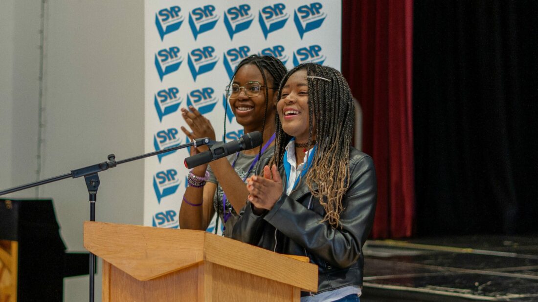 MSYPs Daniela Onyewuenyi and Adauju Molokwu presenting on behalf of ARC at SYP’s 81st Sitting in June 2024.
