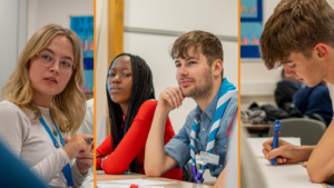 Three images of MSYPs in a school classroom at an SYP event.