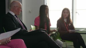 First Minister, a Member of the Children's Parliament and Martha Dickie MSYP at the Cabinet Takeover in November 2024.