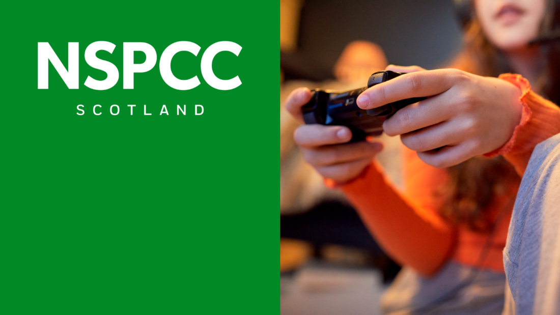 Green rectangle on left with NSPCC Scotland logo at the centre at the top. Image of young girl playing a game on the right with a controller in her hands while wearing a headset.