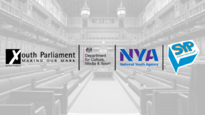 Logos of UK Youth Parliament, UK Government's Department for Digital, Culture, Media and Sport, National Youth Agency and SYP overlaid on a semi-transparent image of the House of Commons.