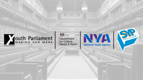 Logos of UK Youth Parliament, UK Government's Department for Digital, Culture, Media and Sport, National Youth Agency and SYP overlaid on a semi-transparent image of the House of Commons.
