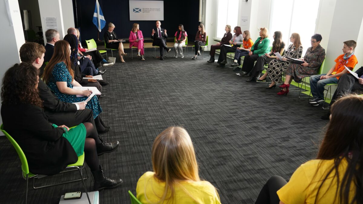MSYPs, MCPs and Cabinet sat round in a circle in a meeting room at the Cabinet Takeover in November 2024