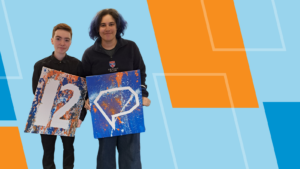 Graphic with light blue background with orange and blue shapes overlaid. SYP Youth Engagement Officers Zander Newman and Hope Taylor on top holding images of artwork.