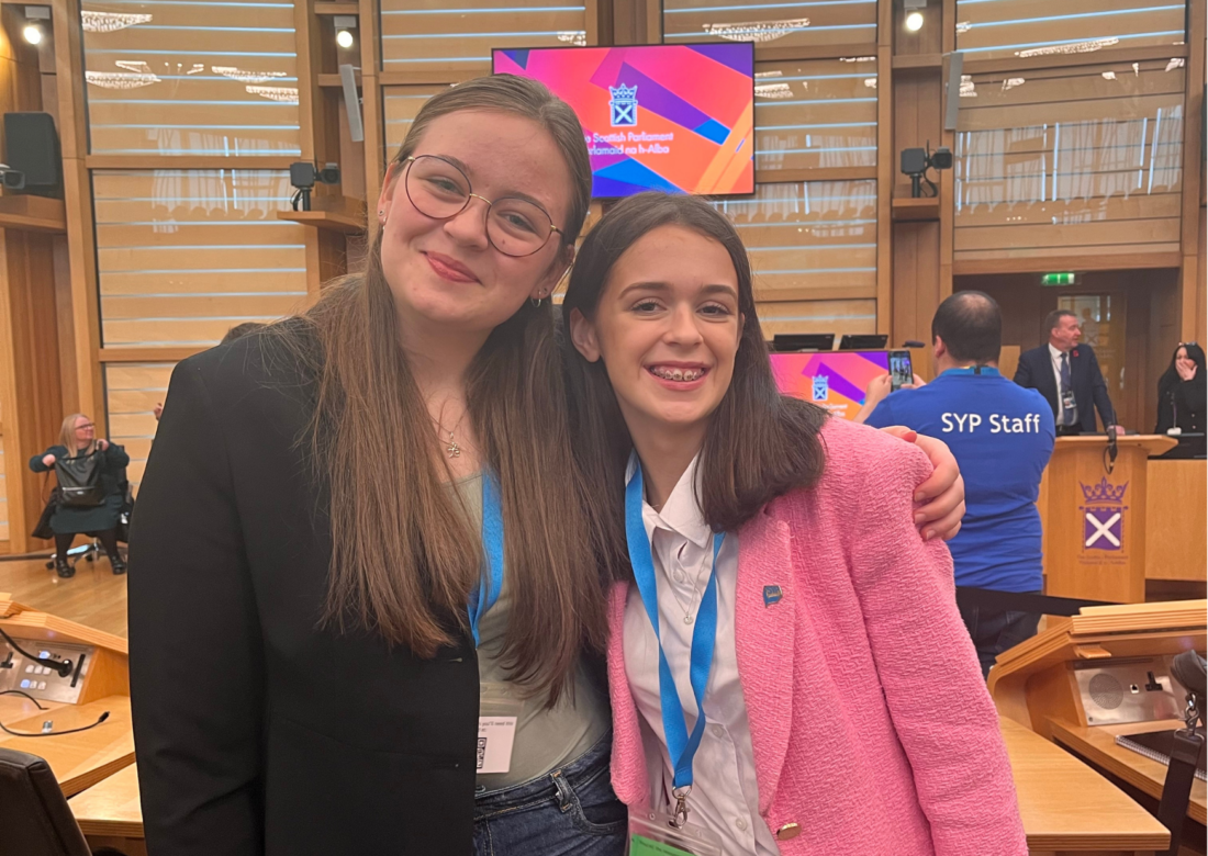 Mairi Millar and Ella Quinn MSYPs at SYP's 82nd Sitting at the Scottish Parliament.