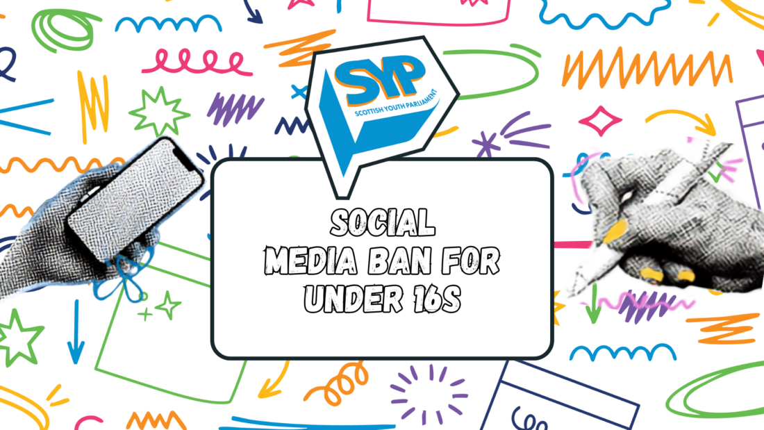 Artwork with two icons - on the left, a hand holding a phone; on the right, a hand writing with a pen. In the middle there's a box with a headline saying 'social media ban for under-16s'